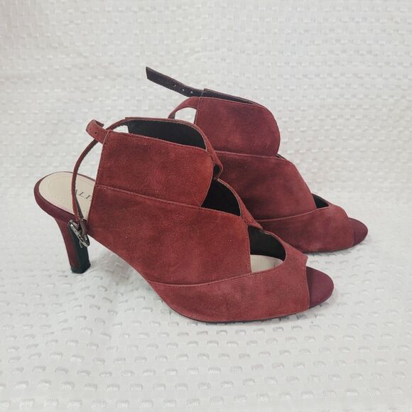ALFANI Nayaah Maroon Suede Cutout Peep Toe Slingback Buckle Heels Women Size 8M - Picture 1 of 9